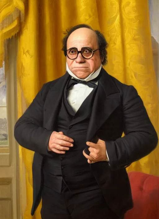 Prompt: portrait of the united states president, 1 8 6 7, danny devito. standing in the oval office. oil on canvas by william sidney mount, trending on artstation