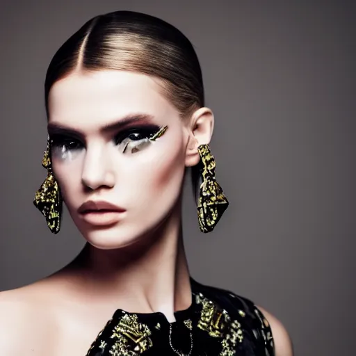 Prompt: close up of face of a fashion model in luxury dress, black background, official versace editorial, highly detailed