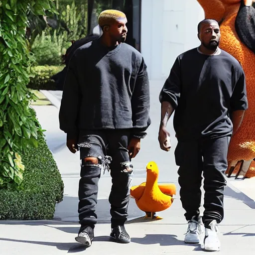 Prompt: a paparazzi photo of kanye west walking next to a giant duck