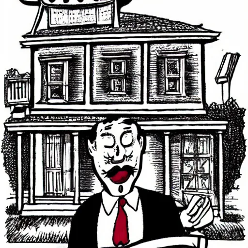 Image similar to a drawing of a man standing in front of a house. He's wearing a shirt and tie, pork pie hat. drawn by Robert Crumb