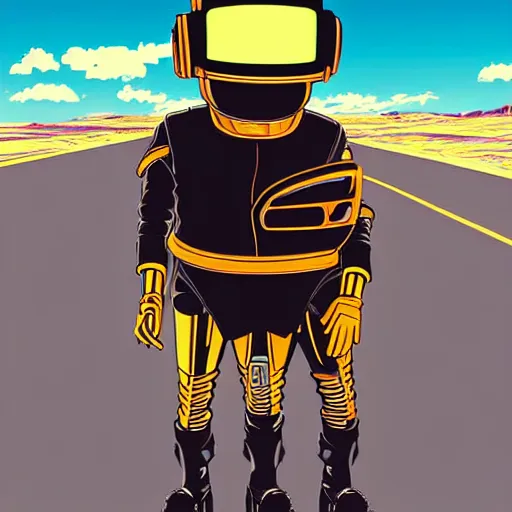 Image similar to a study of cell shaded cartoon of daft punk in the style of howl's moving castle ( 2 0 0 4 ) on a desert road, full body, wide shot, post grunge, studio ghibli, laurie greasley, highly detailed, deviantart, art by artgem