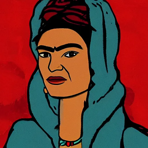 Image similar to Ice-cold Frida Kalho looking at a fireplace, in the style of Frank Miller