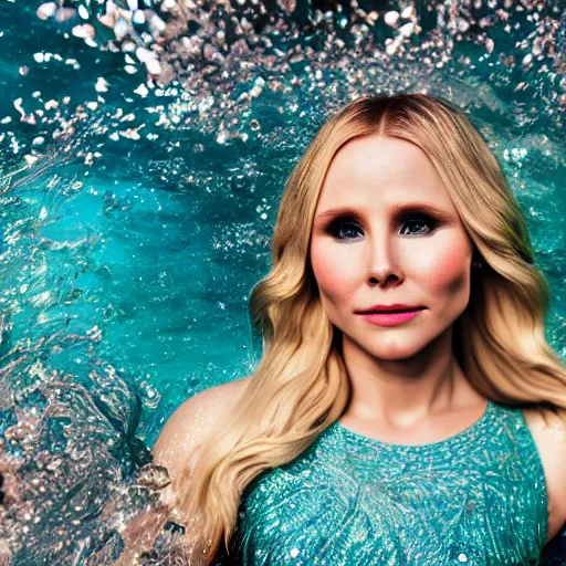 Image similar to Kristen Bell as a mermaid, vogue, perfect face, intricate, Sony a7R IV, symmetric balance, polarizing filter, Photolab, Lightroom, 4K, Dolby Vision, Photography Award