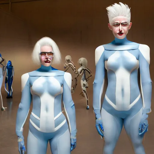 Image similar to troop of freak show women with white hair, white hair, tight light blue neopren suits, futuristic production facility, sci - fi, highly detailed, cinematic