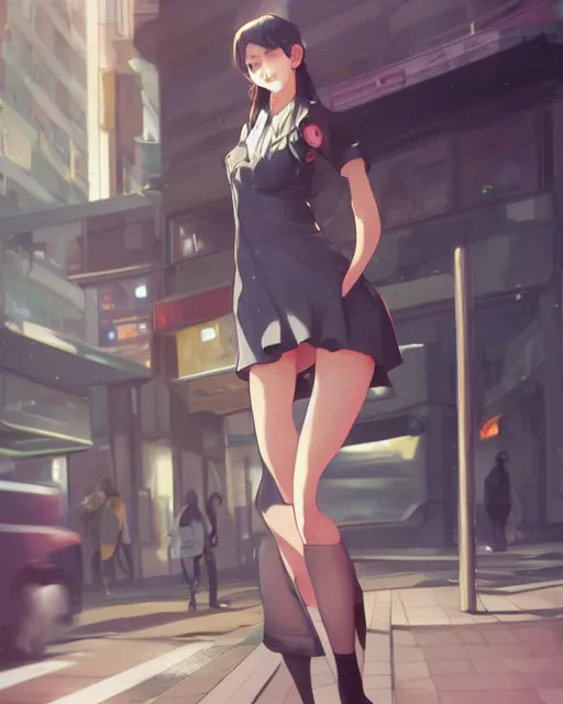 Prompt: a girl on a busy modern street, very sexy outfit, medium shot, visible face, detailed face, perfectly shaded, atmospheric lighting, by makoto shinkai, stanley artgerm lau, wlop, rossdraws