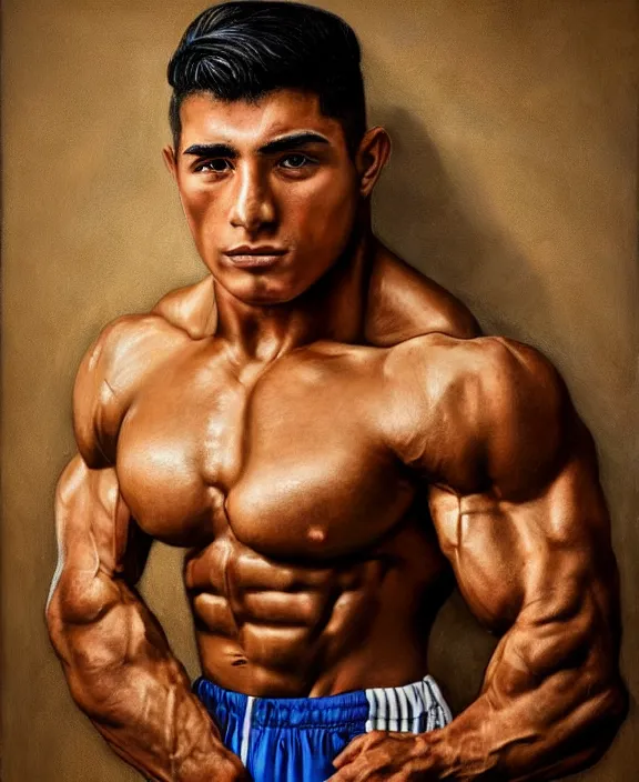 Prompt: heroic portrait of a handsome young mexican bodybuilder, art by denys tsiperko and bogdan rezunenko, hyperrealism