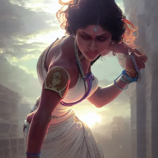 Image similar to indian woman doing push ups, ultra realistic, concept art, intricate details, highly detailed, photorealistic, octane render, 8 k, unreal engine. art by artgerm and greg rutkowski and alphonse mucha