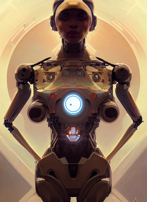 Image similar to symmetry, hi - tech robot in a spaceship intricate, elegant, highly detailed, digital painting, artstation, concept art, smooth, sharp focus, illustration, art by artgerm and greg rutkowski and alphonse mucha