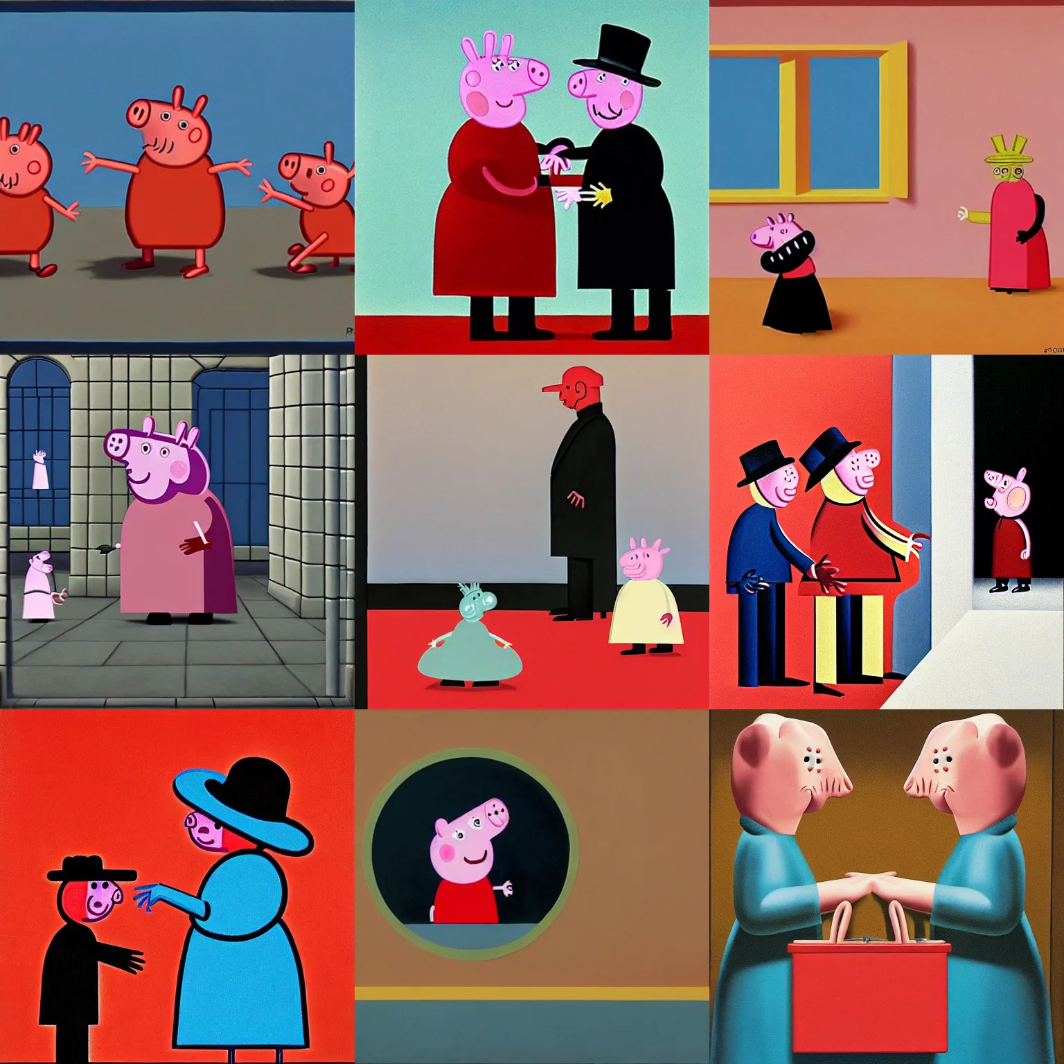 Prompt: nightmare peppa pig, surreal, ominous, phantasmagoric, in the style of george tooker, in the style of rene magritte