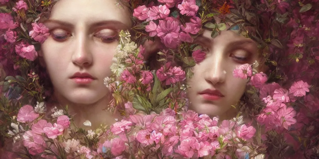 Image similar to breathtaking detailed weird concept art painting of the goddess of light pink flowers, orthodox saint, with anxious, piercing eyes, ornate background, amalgamation of leaves and flowers, by volegov, extremely moody lighting, 8K