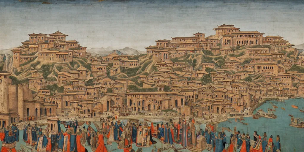 Image similar to A huge ancient Chinese port city, oil paintings, late medieval art, 13th century paintings, Siena school, Giotto, Marco Polo, highly detailed and impressive, 8k