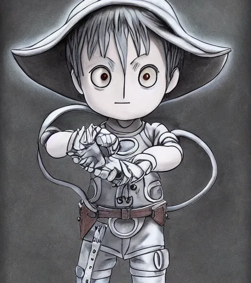 Image similar to beautiful little boy wearing an cyborg illusionist suit, artwork in kentaro miura and made in abyss, inspired in astroboy smooth, beautiful lightness, anatomically correct, trending on pixiv, fascist composition, realistic
