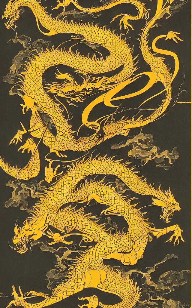 Prompt: a poster in the style of polish school of posters jan lenica for'the curator'- a matte painting depicting a golden dragon