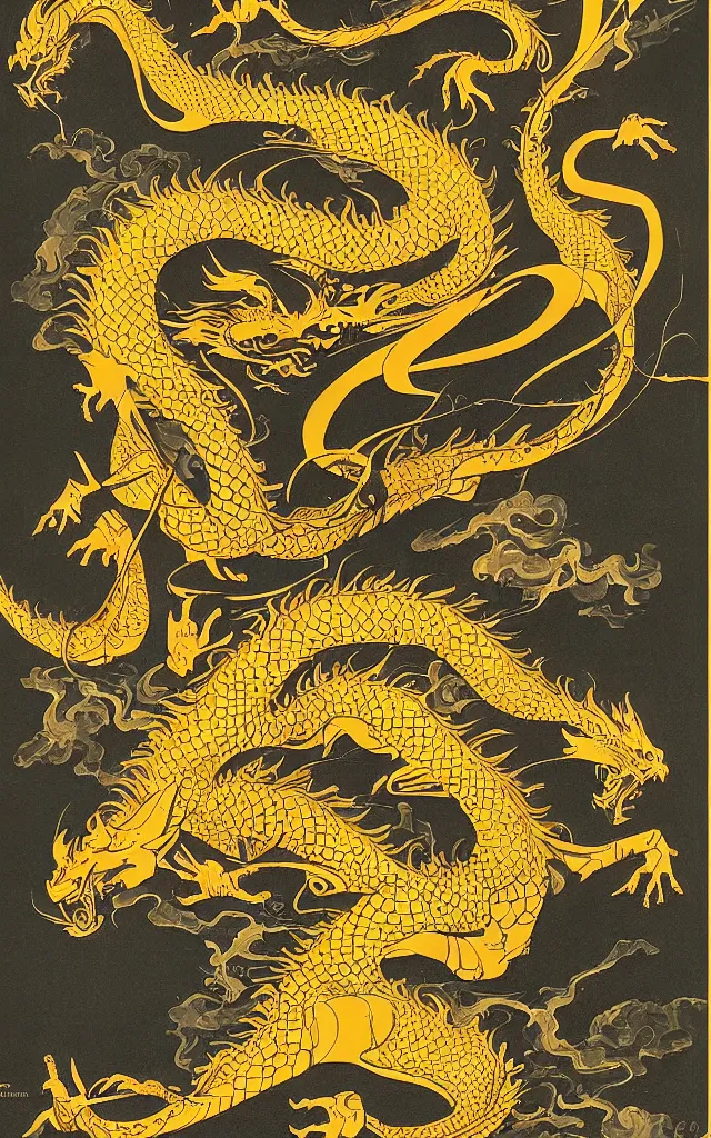 Image similar to a poster in the style of polish school of posters jan lenica for'the curator'- a matte painting depicting a golden dragon