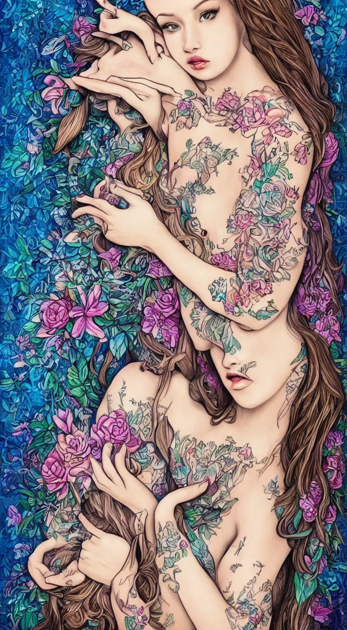 Image similar to beautiful woman with large tattoo of unicorn, intricate, flowers, mythical, detailed, digital painting