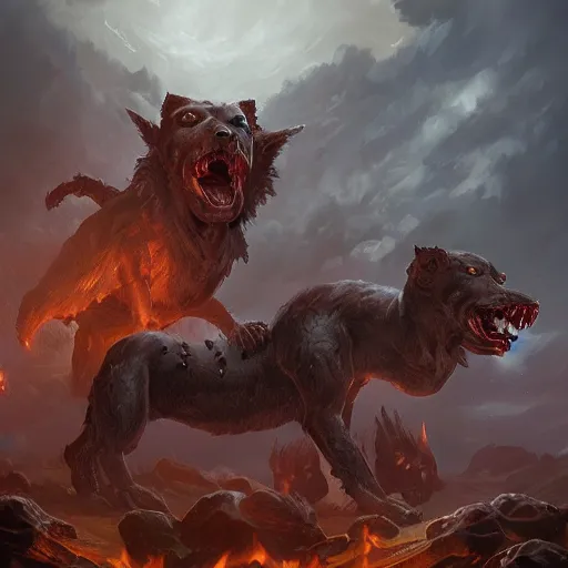 Image similar to three headed hellhound, hell background, cerberus monster, epic fantasy style, in the style of Greg Rutkowski, hearthstone artwork