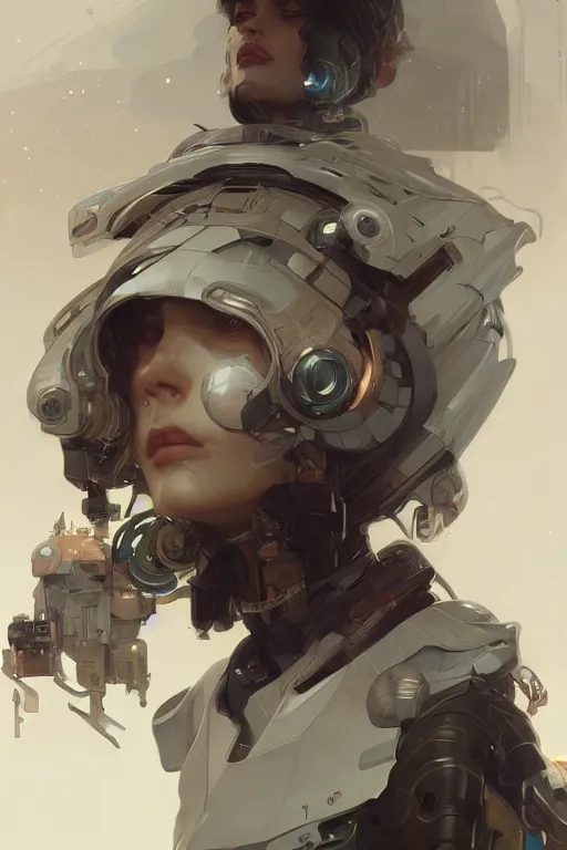 Prompt: A full portrait of a scifi explorer, intricate, elegant, highly detailed, digital painting, artstation, concept art, smooth, sharp focus, illustration, art by Krenz Cushart and Artem Demura and alphonse mucha