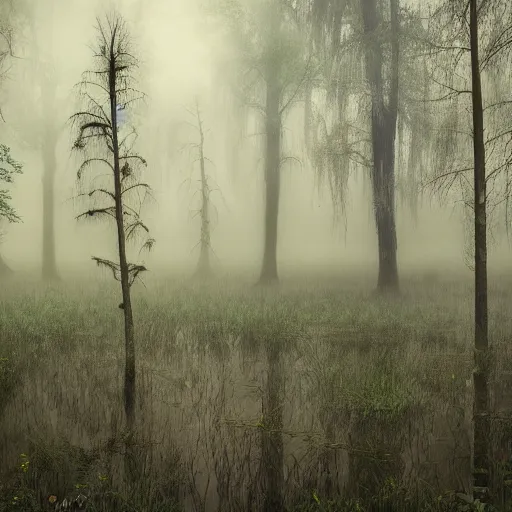 Image similar to artistic swamp with mystic fog, vegetation, few trees