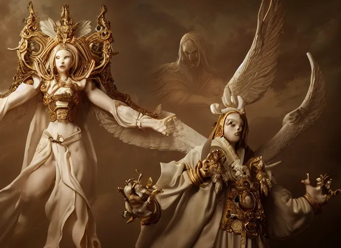 Image similar to high intricate porcelain baroque angelic priest fighting the hell demon, maria panfilova, andrea savchenko, mike kime, ludovic plouffe, qi sheng luo, oliver cook, trending on artstation