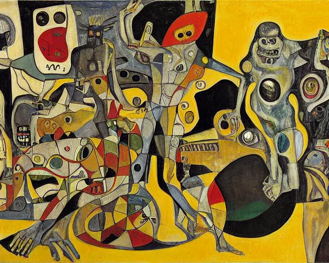 Image similar to a painting of guernica with aliens and robots by graham sutherland, egon schiele, gustav klimt, neo - expressionism