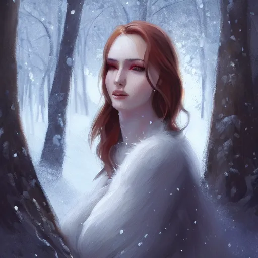 Image similar to a painting of a woman in a snowy forest, a digital painting by Charlie Bowater, featured on cgsociety, fantasy art, detailed painting, artstation hd, ilya kuvshinov