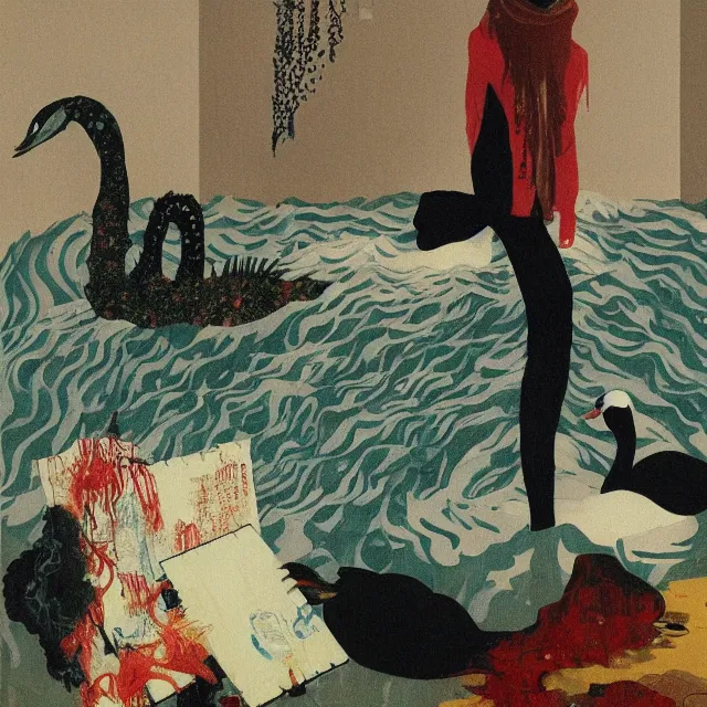 Prompt: tall emo female artist holding a large fish in her flooded apartment, seaweed, pomegranates, octopus, water gushing from ceiling, painting of flood inside an artist's apartment, a river flooding indoors, ikebana, zen, rapids, waterfall, black swans, canoe, berries, acrylic on canvas, surrealist, by magritte and monet