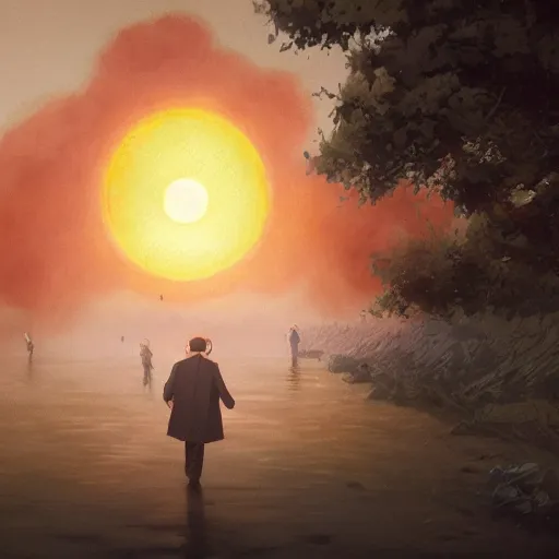 Image similar to the disembodied head of rudy giuliani is floating in the sky and covering the sun. the sky is orange. people on the ground are running away out of fear. a rotoscoped image, comedy, ( ( concept studio ghibli ) ) ( ( by greg rutkowski ) )