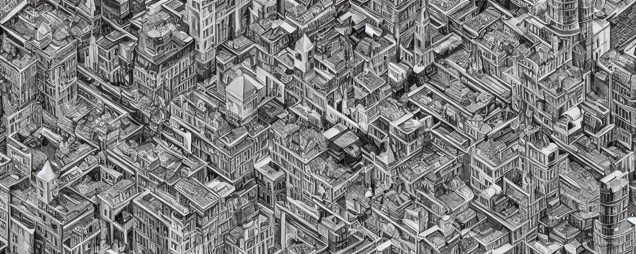 Image similar to a highly detailed cityscape, black and white, in the style of MC Escher, 4k