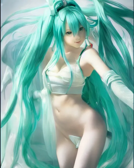 Prompt: beautiful Hatsune Miku by Ruan Jia and Gil Elvgren, fullbody