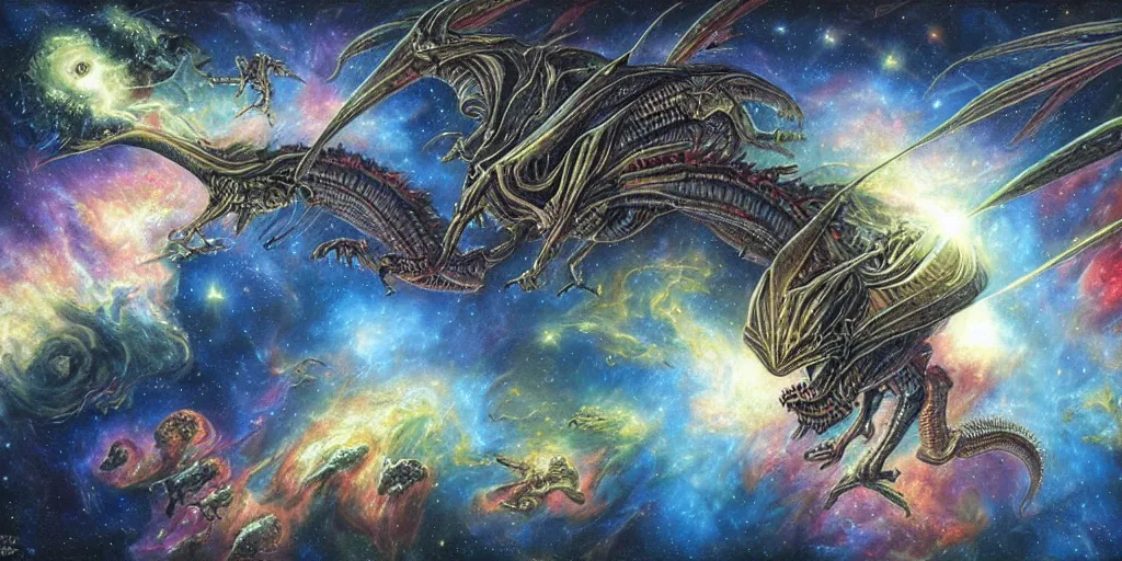 Image similar to alien dragons flying through outer space, epic nebula, asteroid belt, dan seagrave art