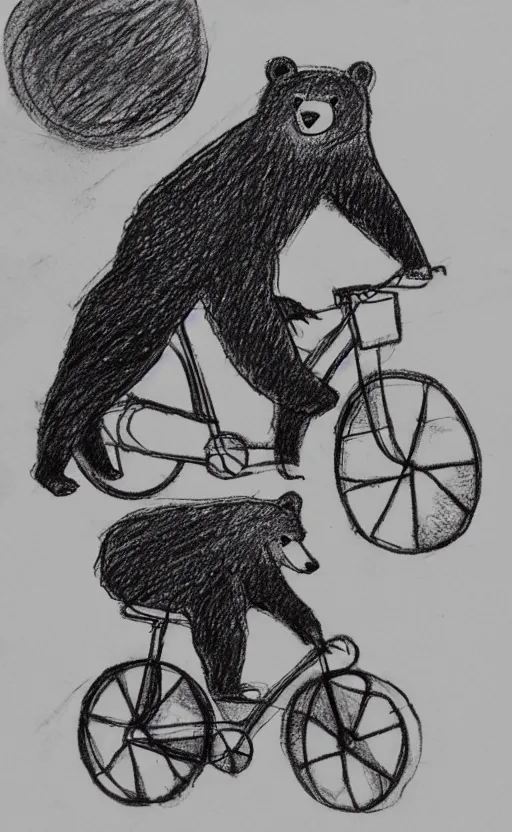 Image similar to sketch drawing of a bear riding a bicycle