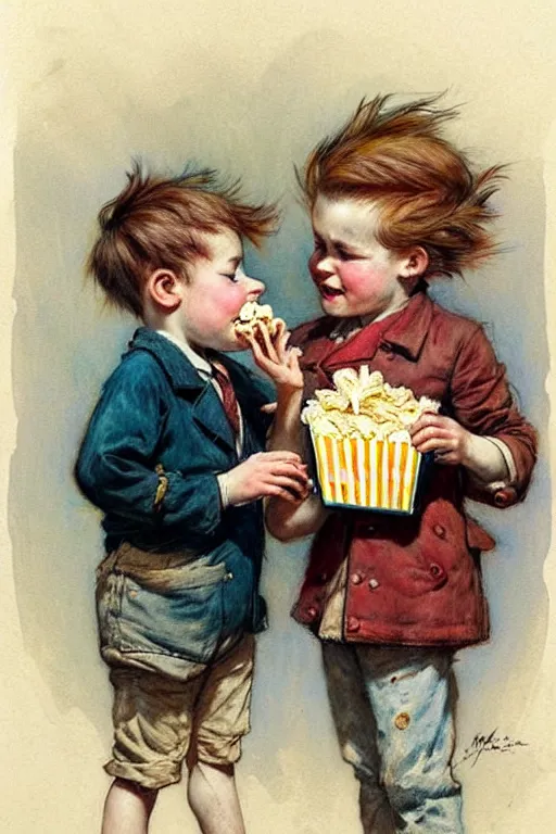 Image similar to (((((1950s kids eating popcorn . muted colors.))))) by Jean-Baptiste Monge !!!!!!!!!!!!!!!!!!!!!!!!!!!