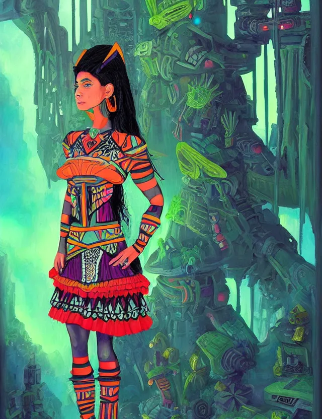 Prompt: aztec scifi princess of the cloud forest, wearing a lovely dress with cyberpunk details. this oil painting by the beloved children's book author has an interesting color scheme and impeccable lighting.