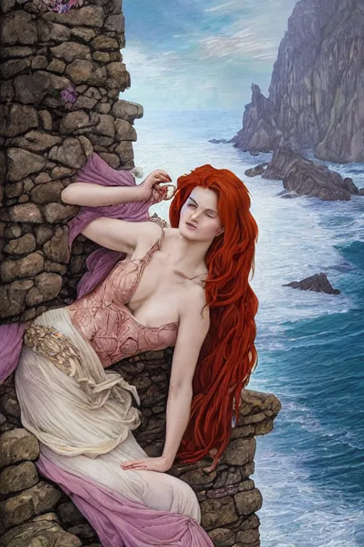 Prompt: a hyperdetailed tarot card of triss merigold as a princess asleep on a bed in a tower, sleeping princess!!!!, window that overlooking cliffs and crashing waves in the background, highly detailed, deep focus, elegant, digital painting, smooth, sharp focus, ultra realistic, 8 k, art by greg rutkowski and jeong seon and alphonse mucha
