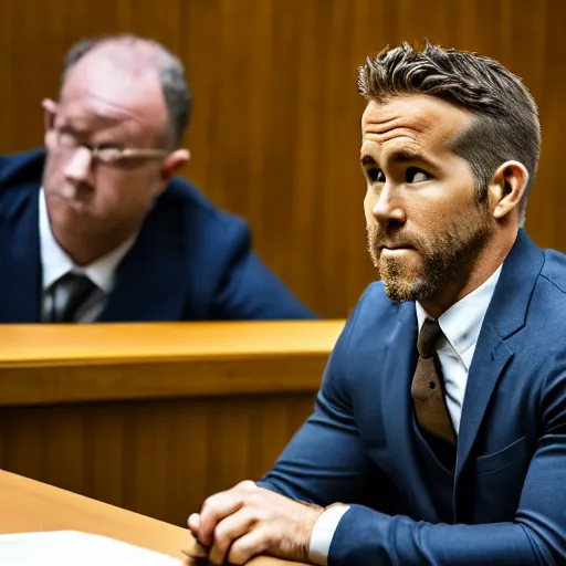 Prompt: ryan reynolds on trial sitting beside his lawyer in a courtroom, highly detailed, extremely high quality, hd, 4 k, 8 k, professional photographer, 4 0 mp, lifelike, top - rated, award winning, realistic, detailed lighting, detailed shadows, sharp, no blur, edited, corrected, trending