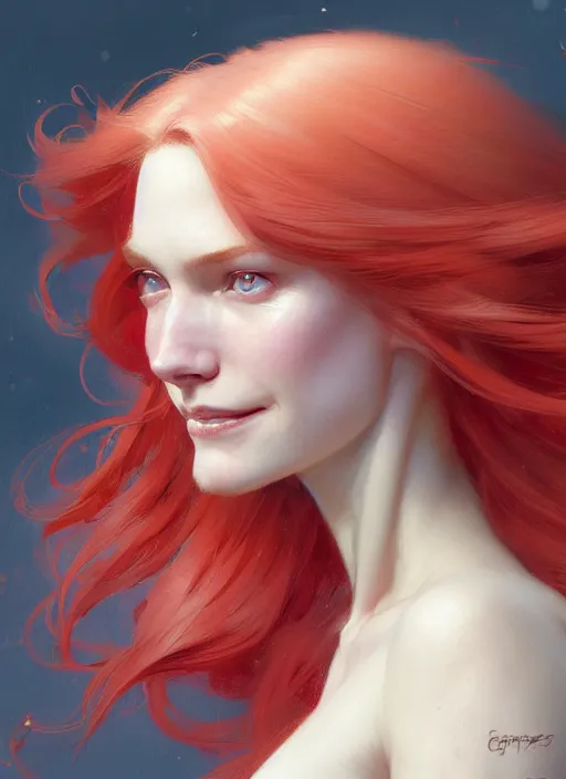 Prompt: close up highly detailed portrait of a beautiful!!! pale girl with flowing red hairs, sideview!!!, side view, sweet smile, beautiful eyes. by greg rutkowski and gaston bussiere and craig mullins and j. c. leyendecker, hd