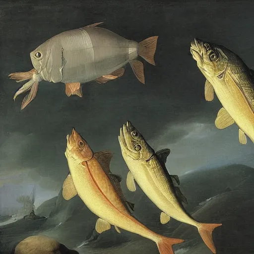 Image similar to two fishes talking to eachother in deep sea, art by pieter claesz