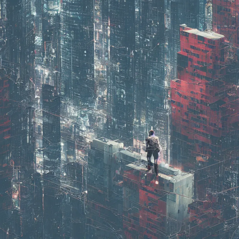 Image similar to a cyber boy ontop of a building, cyberpunk art by elsa bleda, by elsa bleda unsplash contest winner, aestheticism, dystopian art