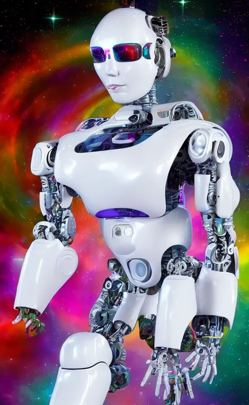 Prompt: a portrait of a hi-tech sci-fi robot with a lot of bright color diodes made of white marble pretending to smoke weed in deep space, photography, color, very detailed, realistic