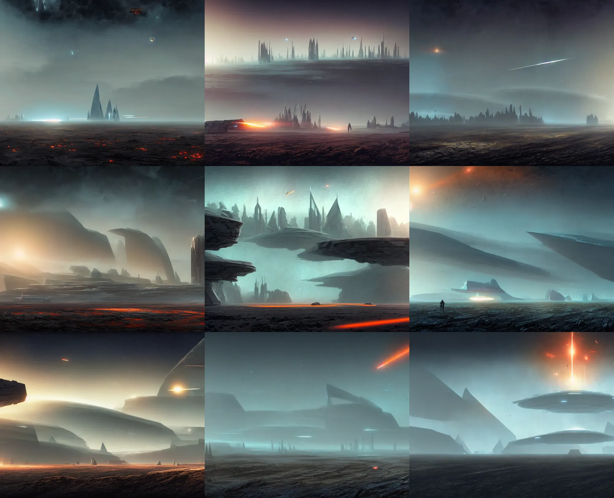 Image similar to a gorgeous bleak and desolate sci - fi matte painting by john harris, sparth and greg rutkowski. sharp edges. meteorite falling!! tiffany blue, grey orange, white and golden. sci - fi road to epic huge space base, beyond the horizon, future city skyline!! light effect. ultra clear detailed!! 3 d, octane render. 8 k