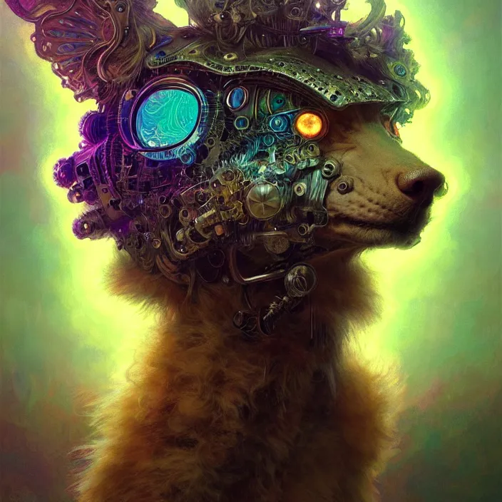 Image similar to psychedelic fluffy hairy animal cyborg, diffuse lighting, fantasy, intricate, elegant, highly detailed, lifelike, photorealistic, digital painting, artstation, illustration, concept art, smooth, sharp focus, art by John Collier and Albert Aublet and Krenz Cushart and Artem Demura and Alphonse Mucha