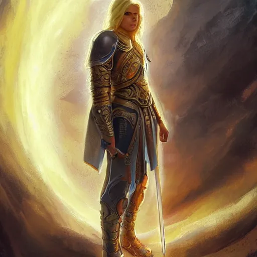 Image similar to portrait of an aasimar paladin blond young man with amber eyes wielding his flaming blade, strong, sofisticated, fantasy, highly detailed, digital painting, artstation, concept art, character art, art by greg rutkowski and tyler jacobson and alphonse mucha