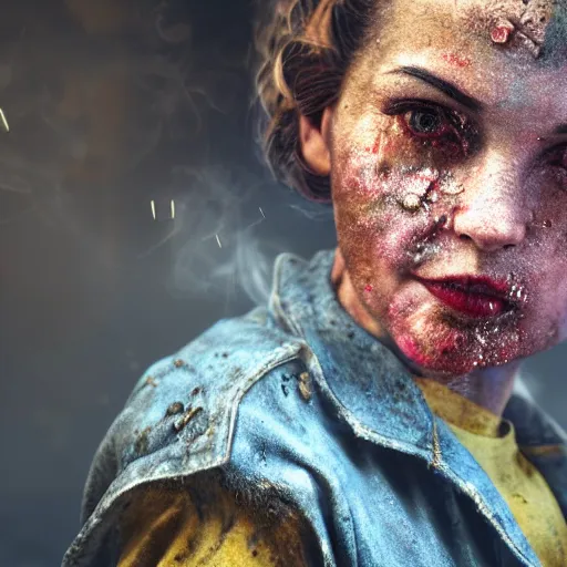 Image similar to a portrait of Rosie the riveter, industrial setting, dynamic pose, sweat and grime, close-up, intricate details, intricately detailed clothing, intricate textures, warm lighting, vivid colors, sparks flying, smoke and mist, realistic octane render, hyper realistic render, volumetric shading, depth of field, raytracing, 8k,