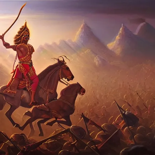 Image similar to an epic painting of the Mahabharata War, oil on canvas, golden hour, beautiful detailed, photorealistic, digital painting, artstation, concept art, smooth, sharp focus, illustration, fantasy background, artstation trending, octane render, unreal engine