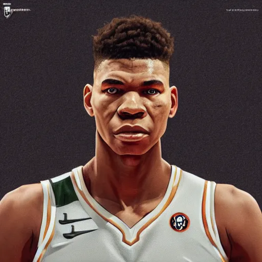 Image similar to giannis antetokounmpo, 3 d character art, wearing basketball jersey, symmetrical facial features, from arknights, hyper realistic, 4 k, rule of thirds, extreme detail, detailed drawing, trending artstation, realistic lighting, by alphonse mucha, greg rutkowski, short neck