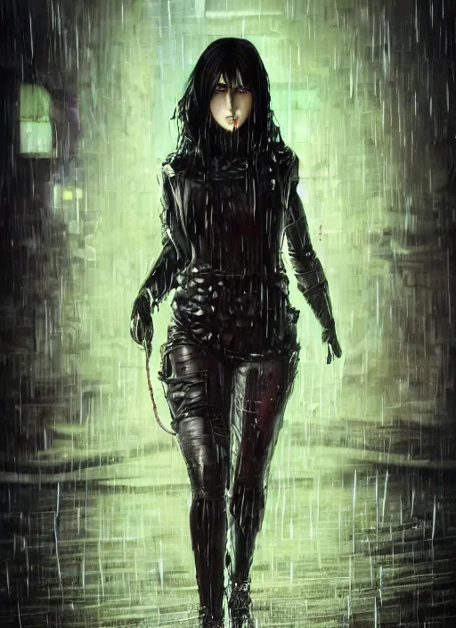 Image similar to An epic fantasy comic book style full body portrait painting of a very beautiful Industrial goth Trent Reznor walking in the rain, neon reflections in the rain puddles, character design by Mark Ryden and Pixar and Hayao Miyazaki, unreal 5, DAZ, hyperrealistic, octane render, cosplay, RPG portrait, dynamic lighting, intricate detail, cinematic