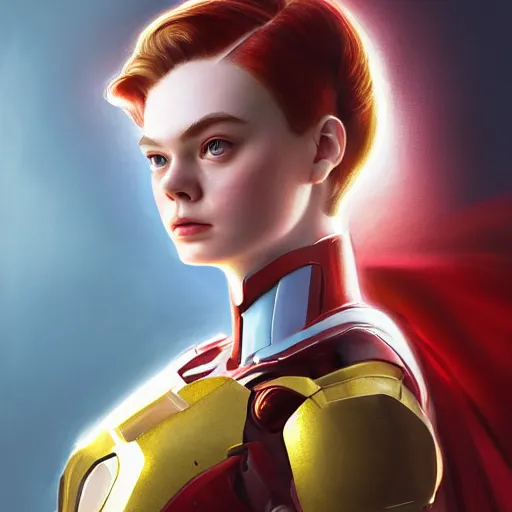 Prompt: head and shoulders portrait of modern darna, elle fanning as ironman, intricate, elegant, dark vibes, highly detailed, digital painting, artstation, glamor pose, concept art, smooth, sharp focus, illustration, art by wlop, mars ravelo and greg rutkowski