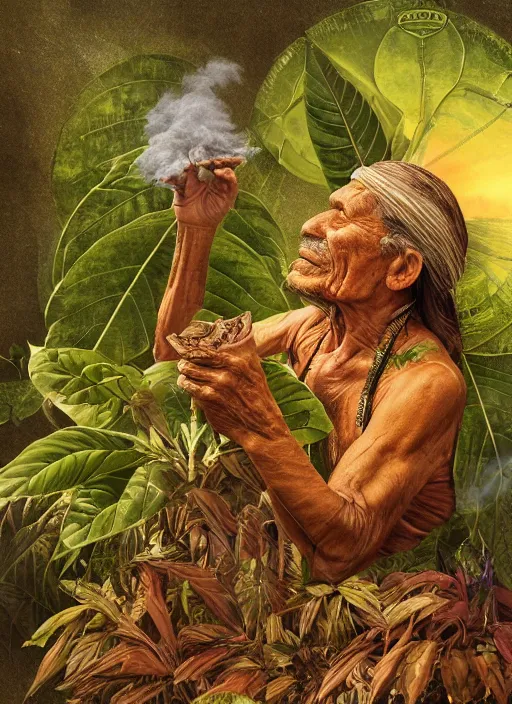 Image similar to a vision of the tobacco plant teacher spirit as an old indigenous man during an ayahuasca ceremony, surrounded by thick smoke, fractals, visionary art, matte painting, highly detailed