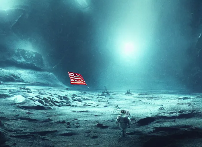 Image similar to astronaut underwater putting a flag in the sand of the bottom of the ocean. the remains of a futuristic submarine are visible in the distance. dark, concept art, cinematic, dramatic, atmospheric, 8 k, trending on artstation, low visibility, fog, ocean floor, zack snyder