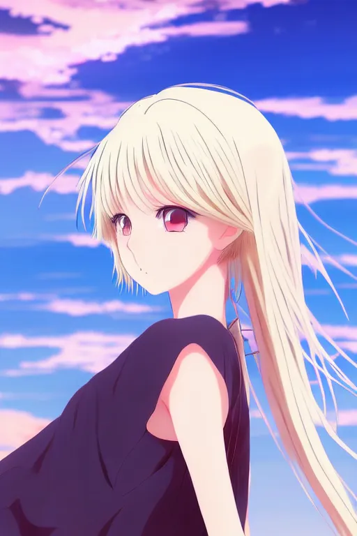 Image similar to anime art full body portrait character concept art, anime key visual of elegant young female, platinum blonde straight bangs and large eyes, finely detailed perfect face delicate features directed gaze, laying down in the sand at sunset at a beach trending on pixiv fanbox, studio ghibli, extremely high quality artwork